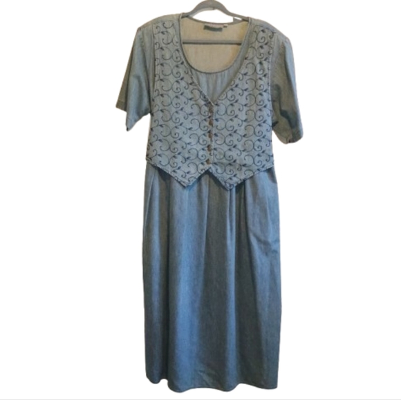 Vintage Carol Anderson II Denim Dress Women’s 20 Blue Midi‎ Shoulder Pads... - Picture 2 of 16